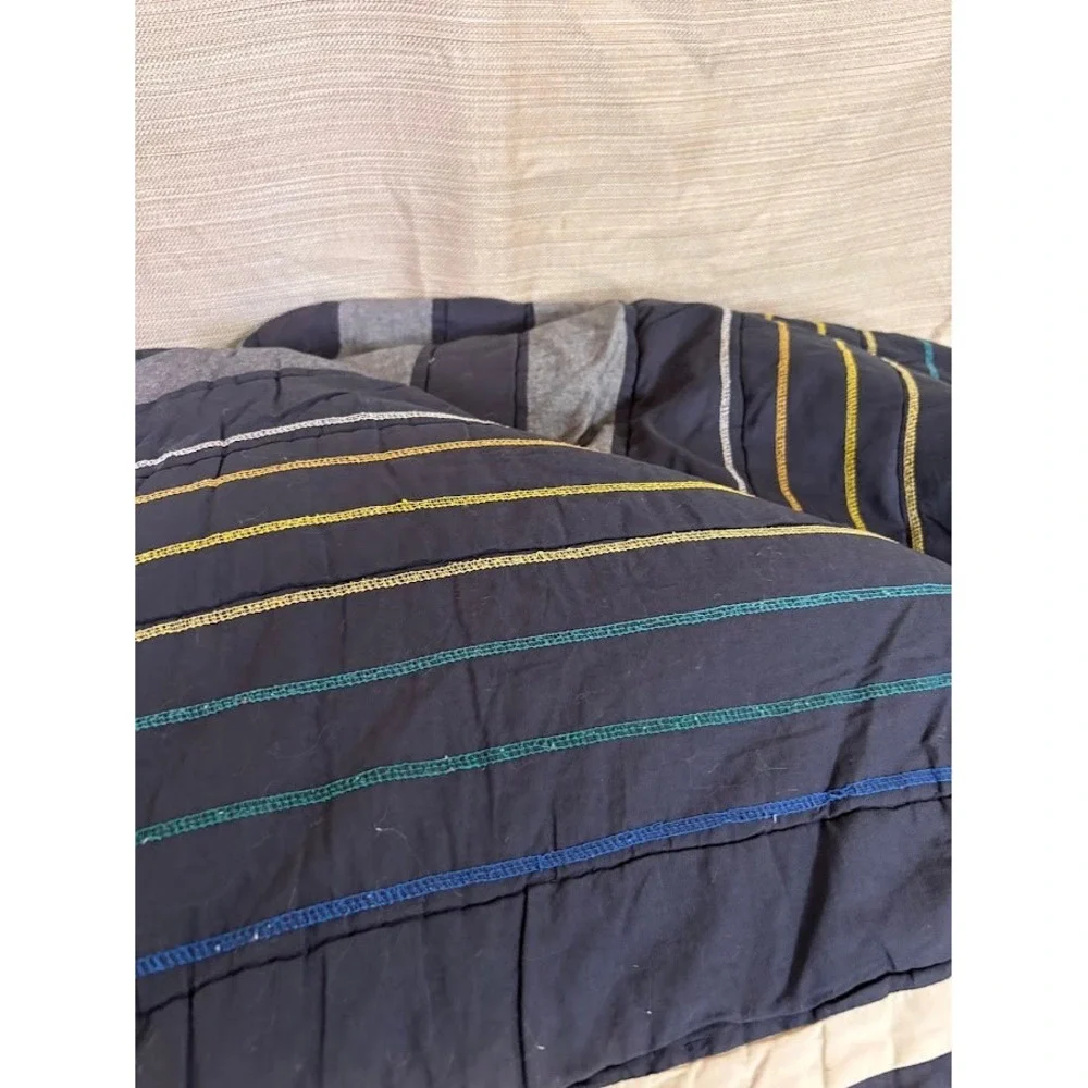 Pottery Barn Teen Queen Striped Comforter Navy Blue Grey Teal Embroidered PBteen